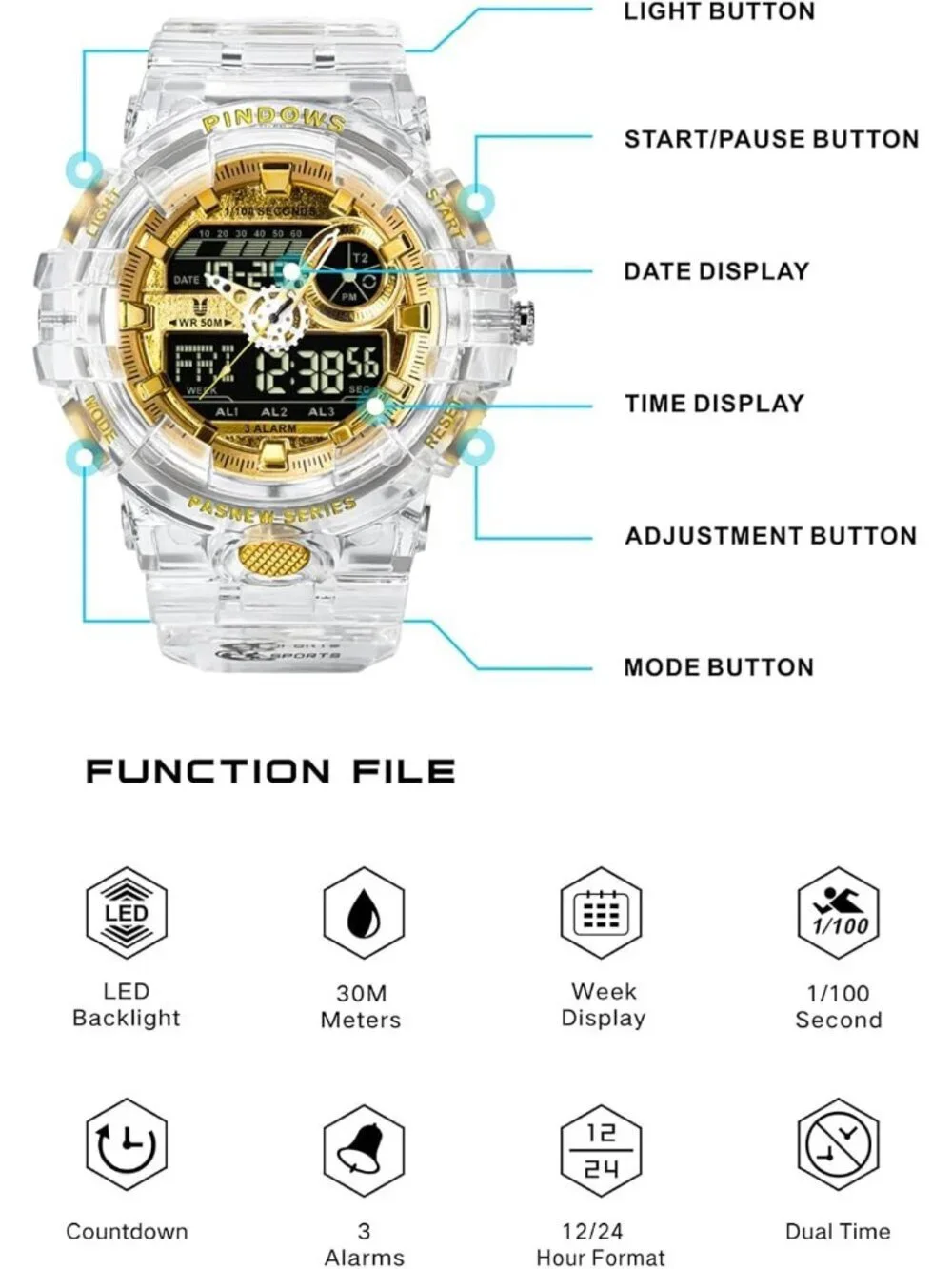 Men's White Analog Quartz Digital Sports LED Waterproof Countdown Wrist Watch
